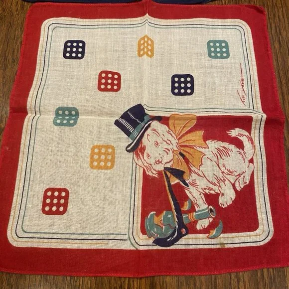 2 Vintage Tom Lamb Kids Hankies Dog Dice Red Blue Favorites 8 1/2" Square - Picture 3 of 8